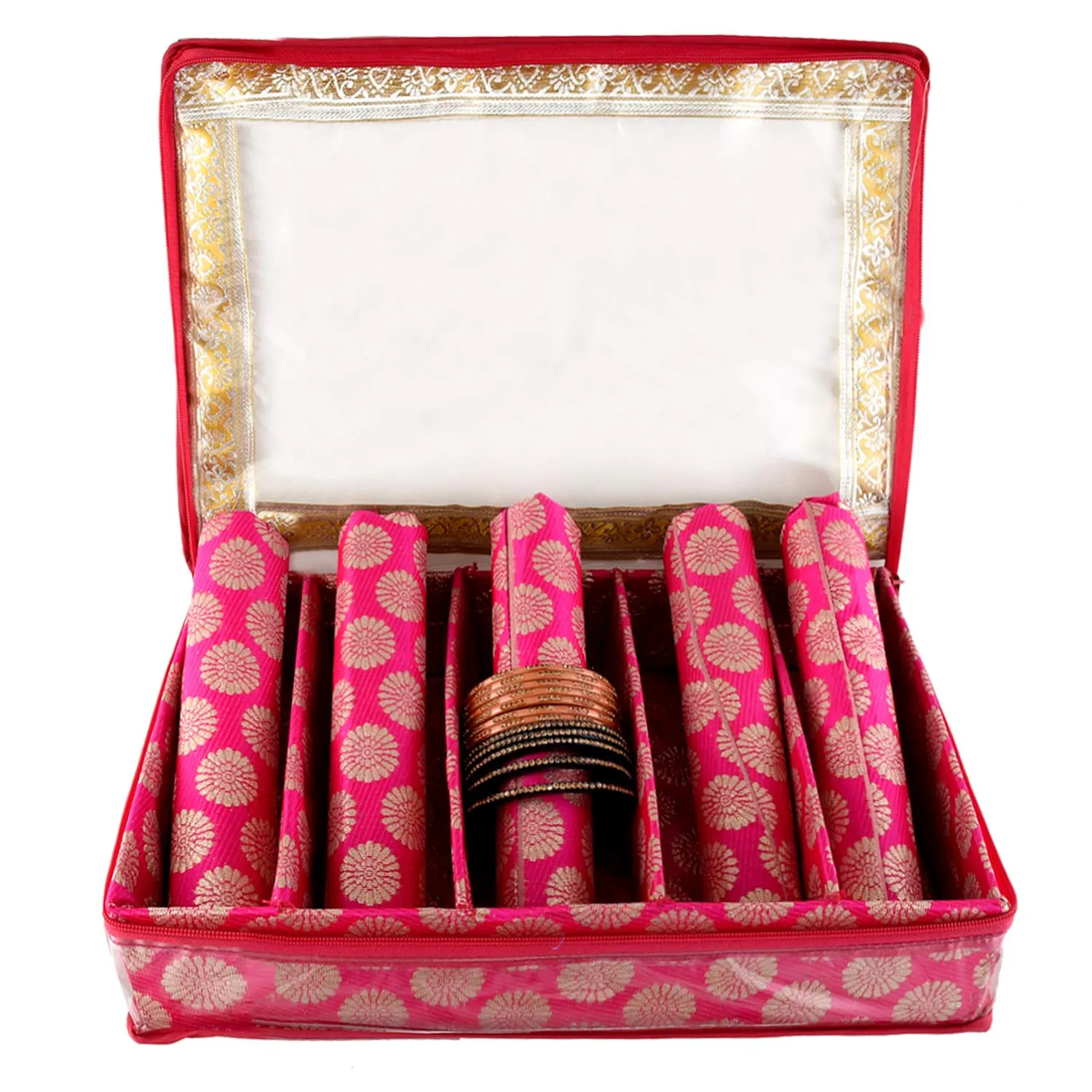 Kuber Industries Carry Design Brocade Hardboard Five Rod Bangle Box (Pink) -CTKTC38802