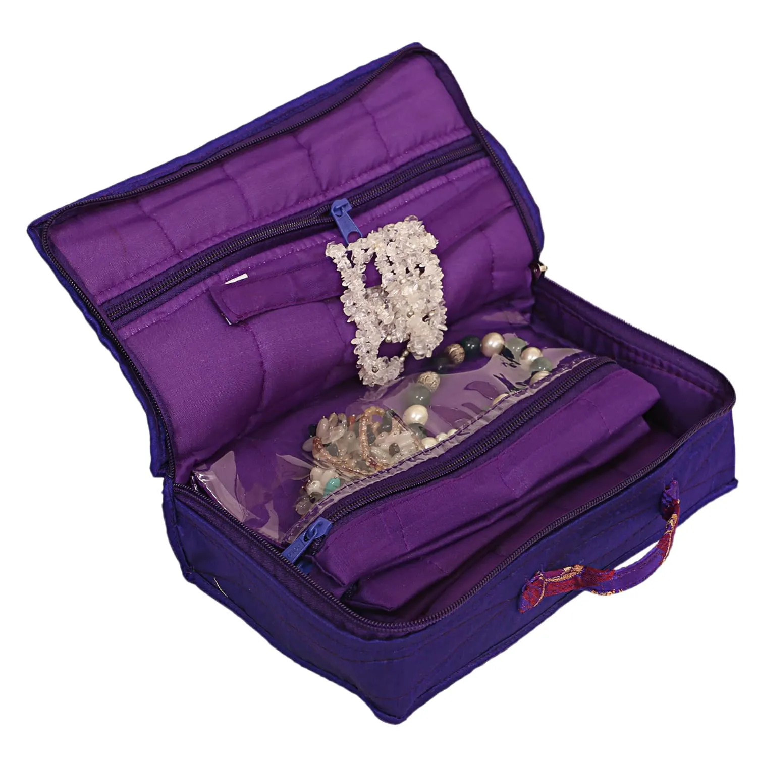 Kuber Industries Feather Print Satin Jewellery Organizer For Small Jewellery With 4 Pouches (Purple) 54KM4060