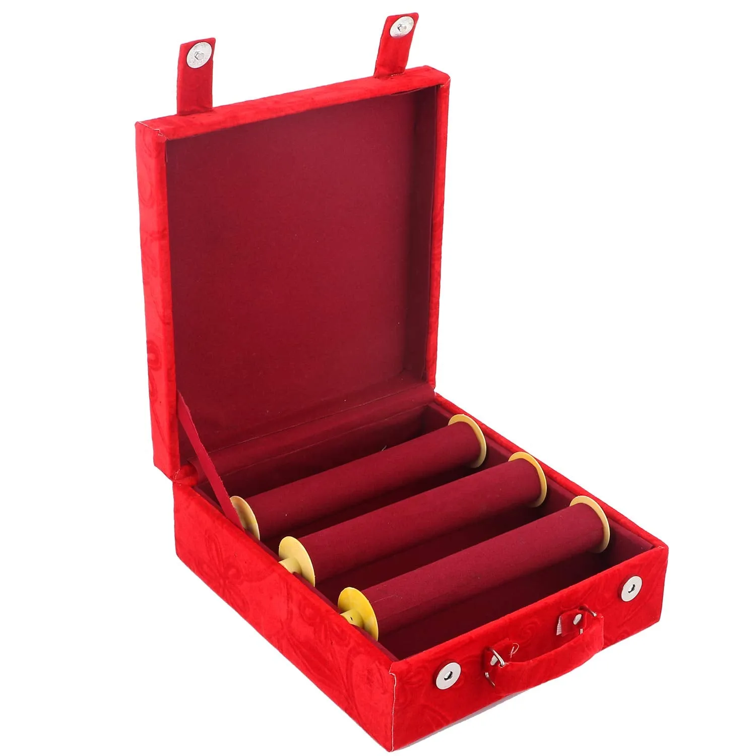 Kuber Industries Floral Design Wooden 1 Piece Three Rod Velvet Bangle Storage Box (Red) - CTKTC022716