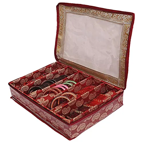 Kuber Industries Wood Heart Home Teardrop Pattern Laminated 5 Rod Box Organizer For Bangle Watches Bracelets Jewellery With Tranasparent Top (Red)-47HH0498