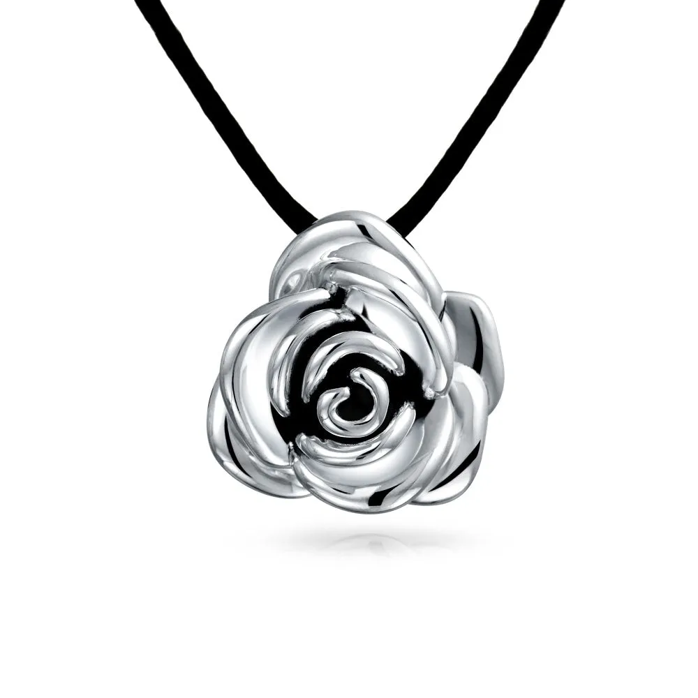 Large Flower Rose Pendant Necklace on Black Silk Cord Oxidized Sterling Silver