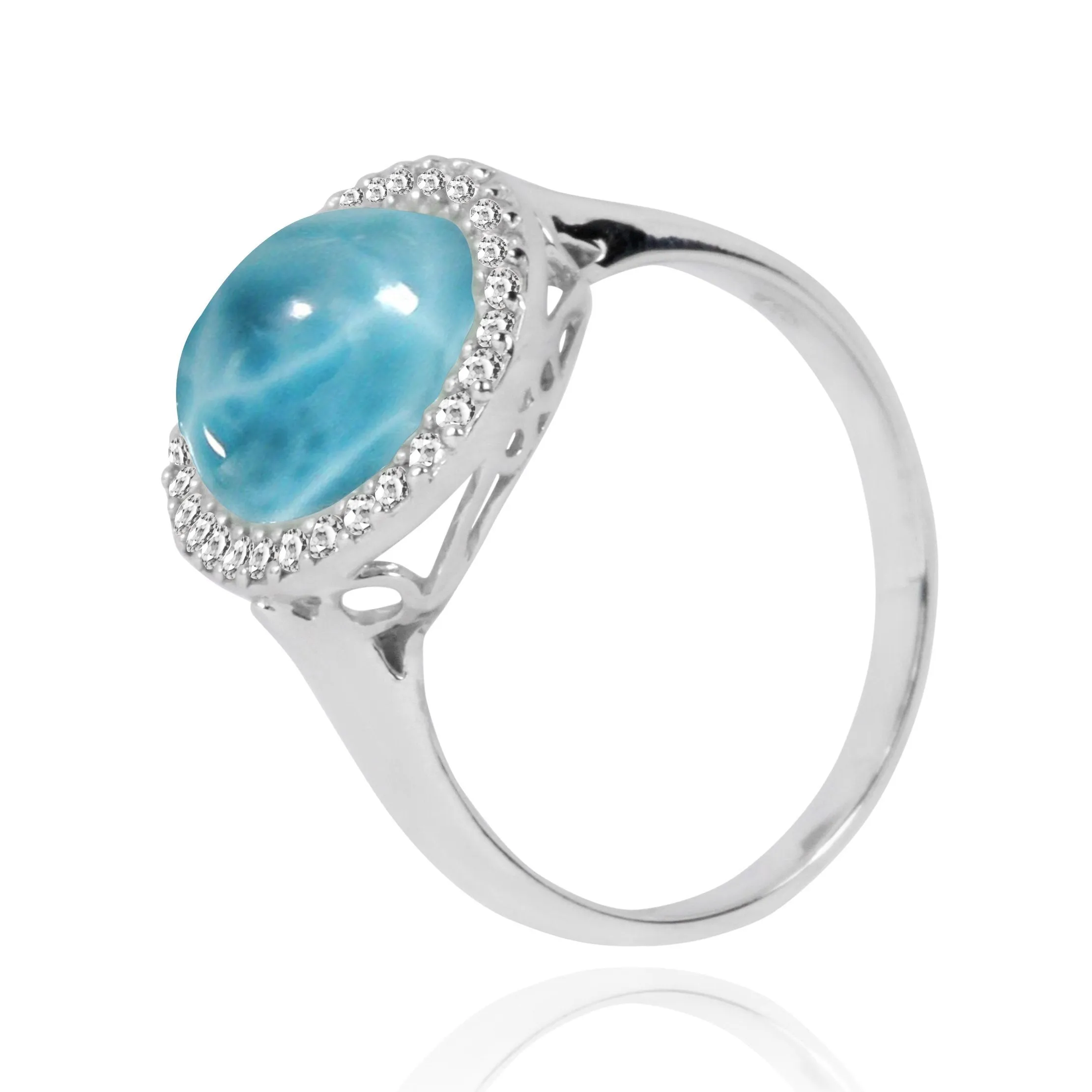 Larimar  Cocktail Ring with 30 Round Shape White Topaz Stones