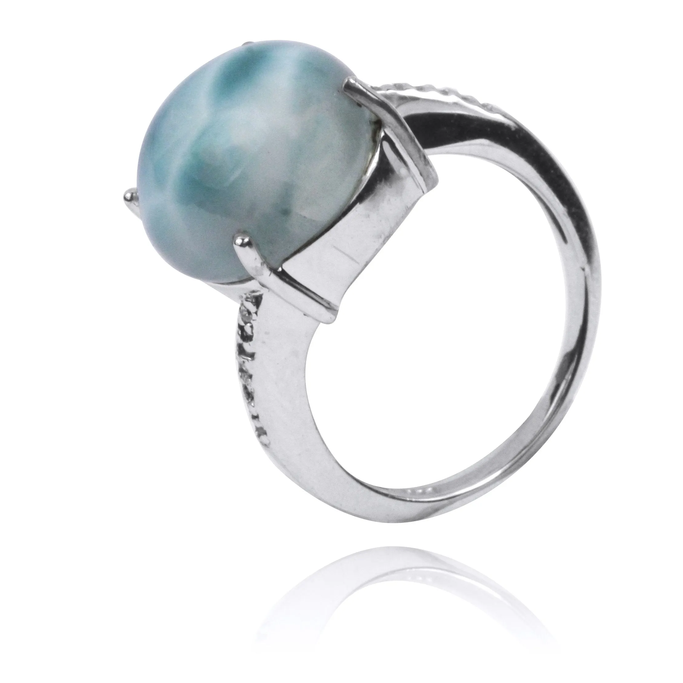 Larimar  Gemstone Ring with 14 Round Shape White CZ Stones