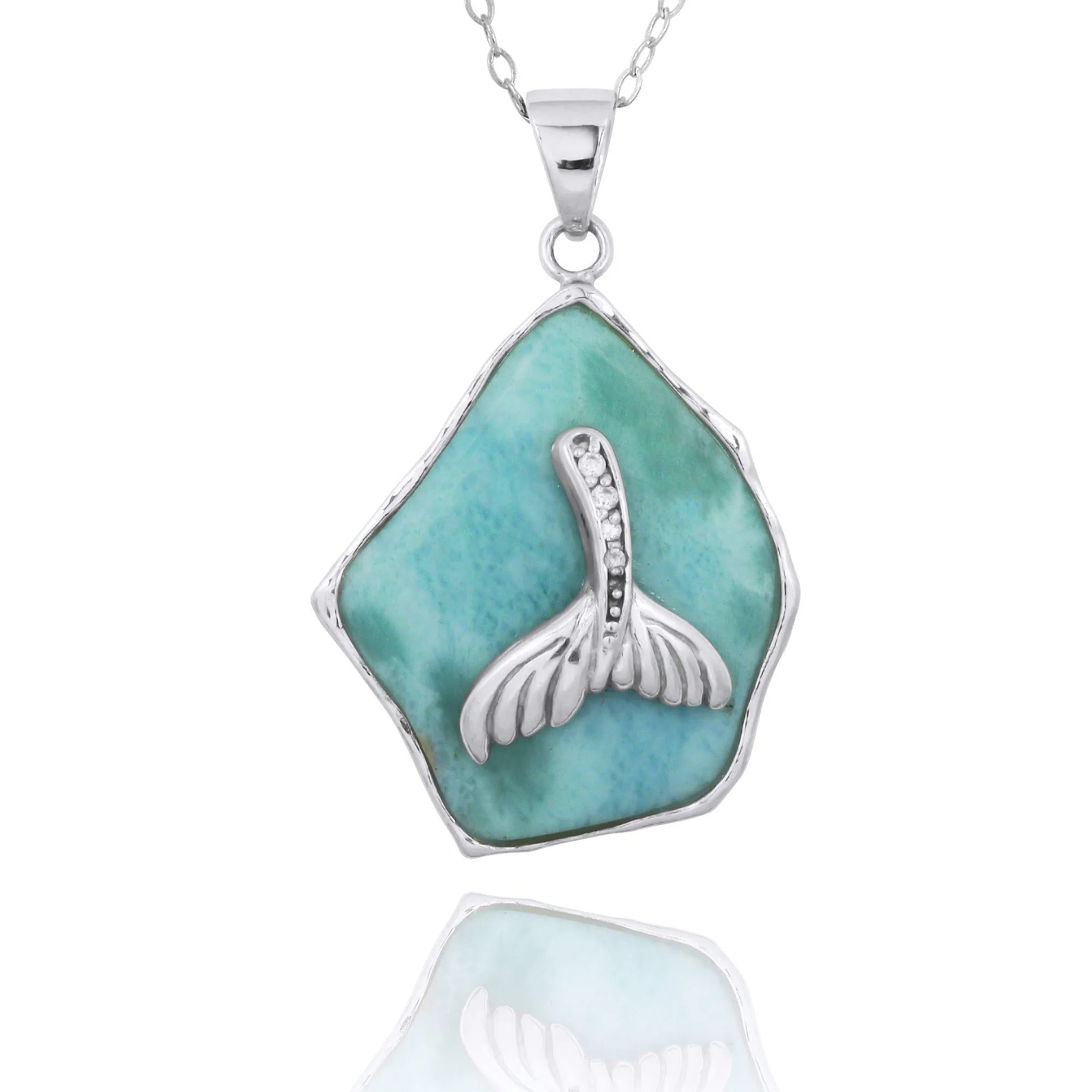 Larimar Pendant with Sterling Silver Whale Tail and White CZ