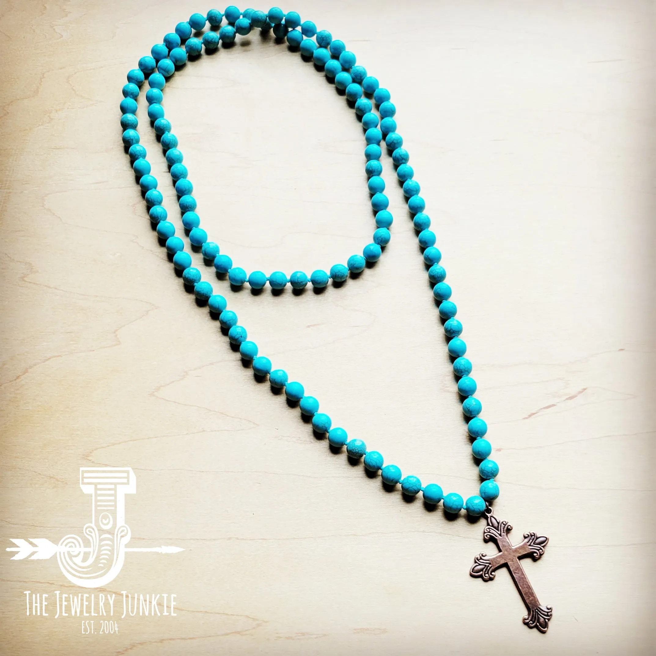 Long Turquoise Beaded Necklace w/ Copper Cross 258k