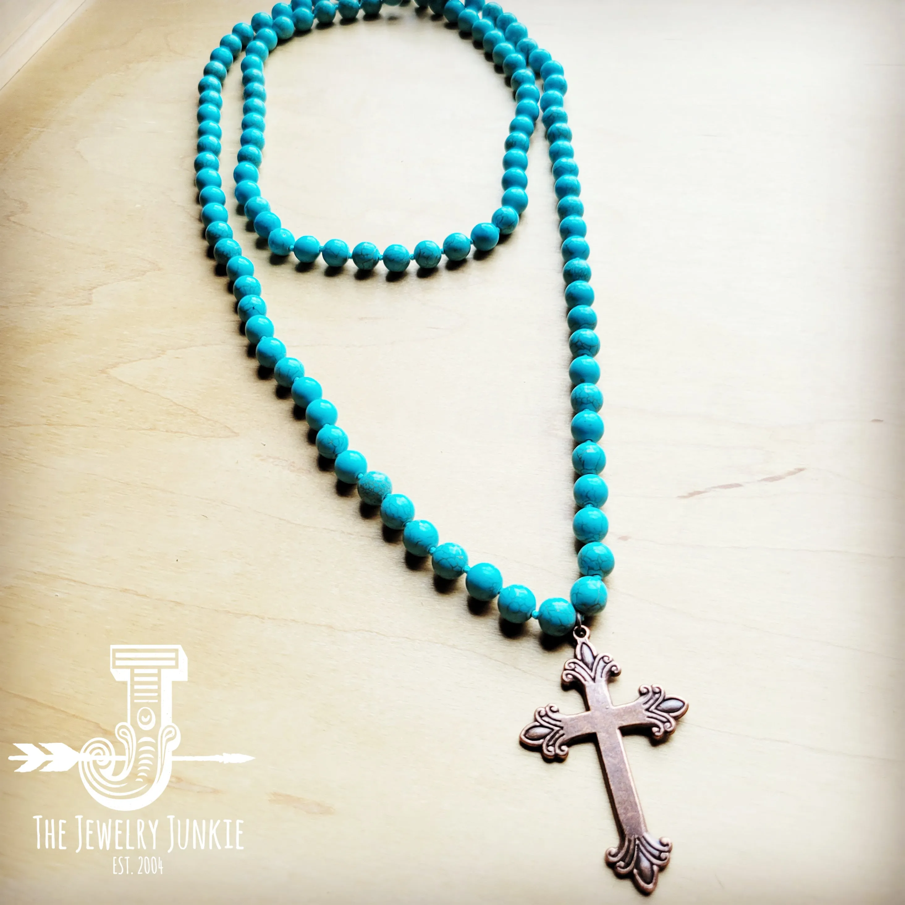 Long Turquoise Beaded Necklace w/ Copper Cross 258k