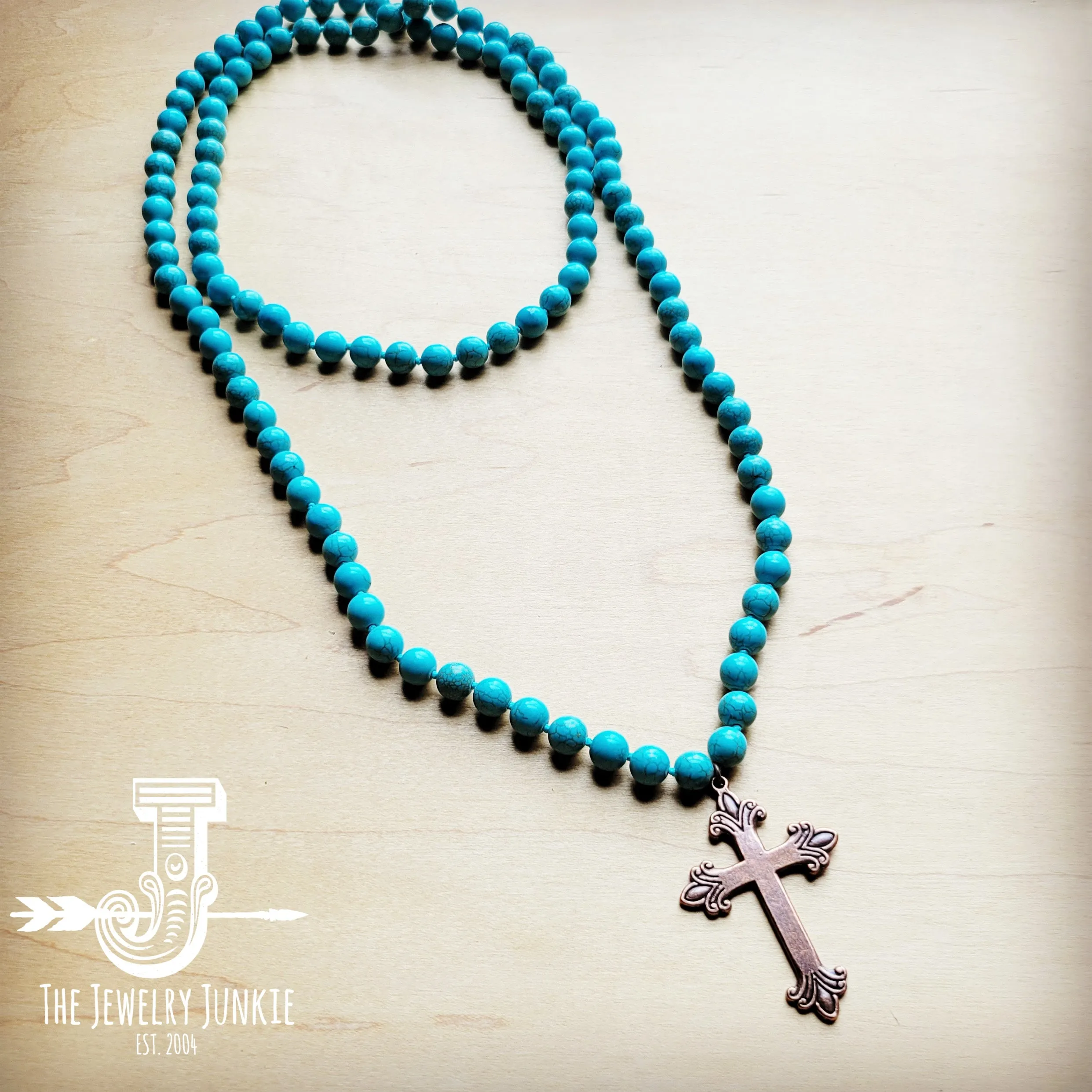 Long Turquoise Beaded Necklace w/ Copper Cross 258k