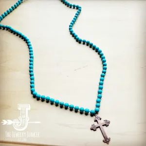 Long Turquoise Beaded Necklace w/ Copper Cross 258k