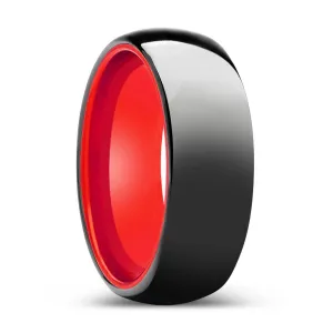 LUMINATE | Red Ring, Black Tungsten Ring, Shiny, Domed