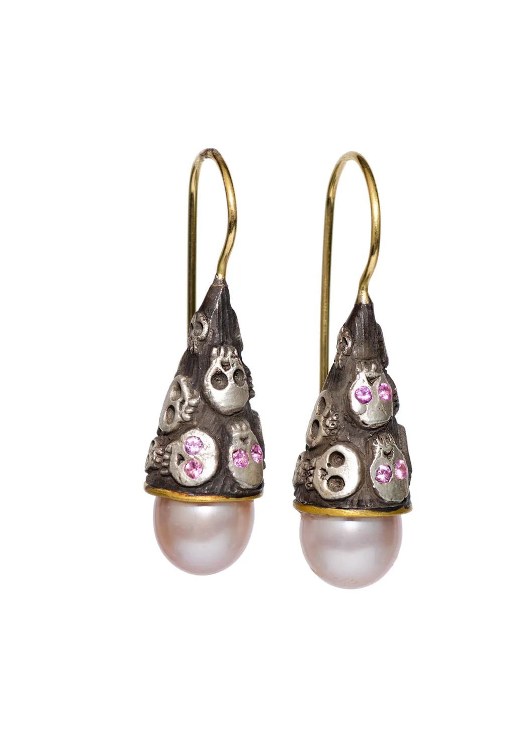 Melinda Risk Pink Sapphire & Pearl Skull Drop Earrings