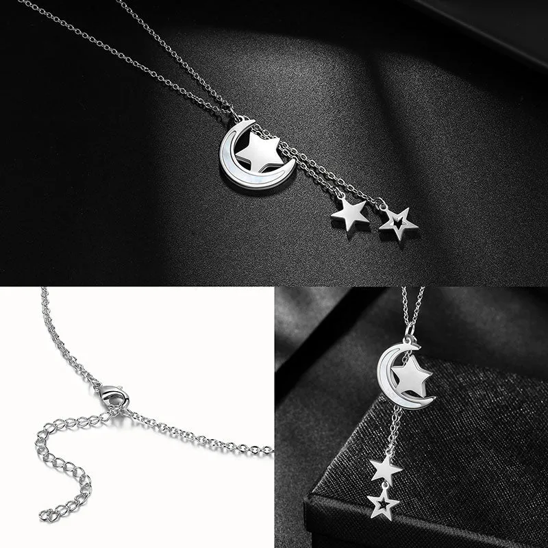 Moon Star Necklace Pendant Women Girl Jewelry Stainless Steel