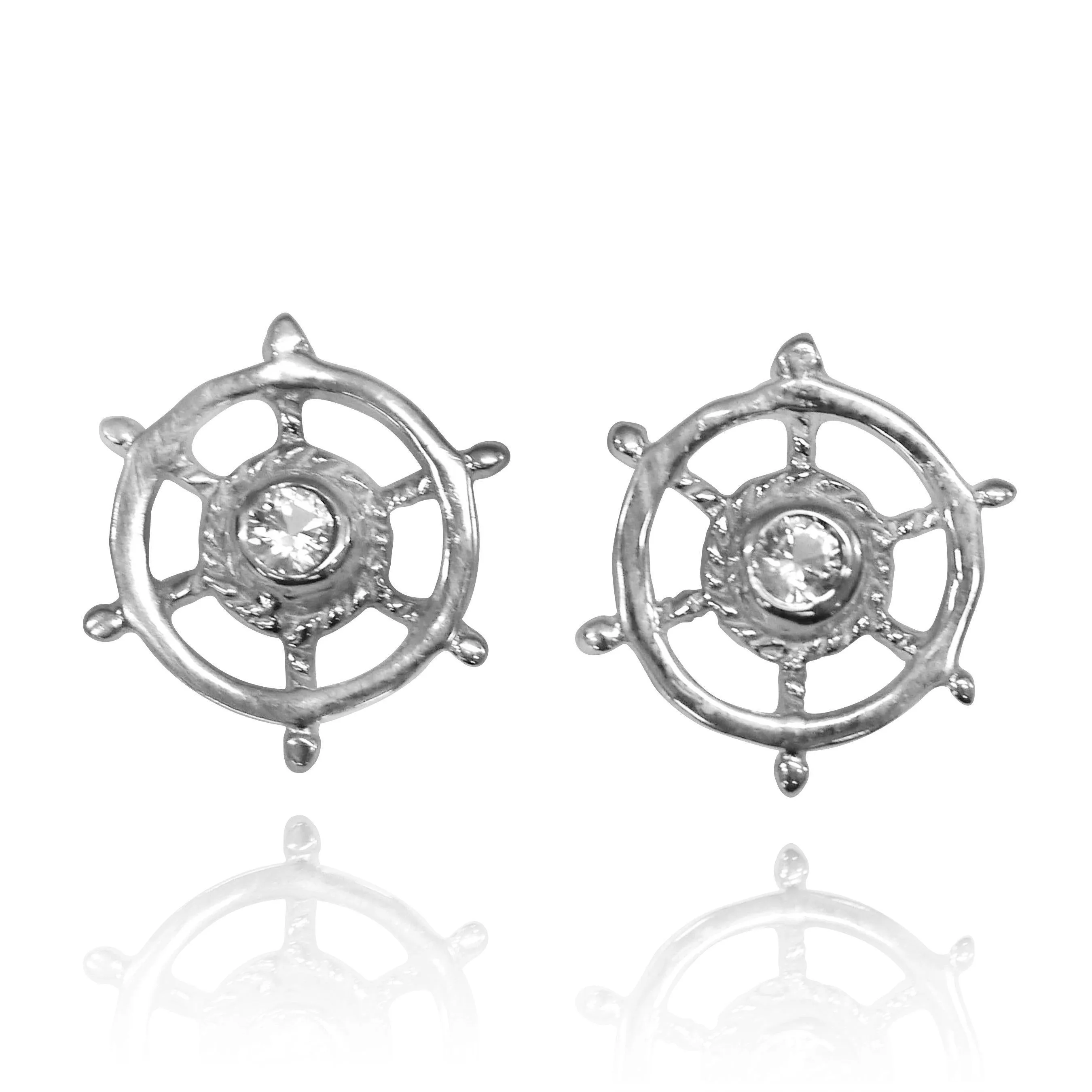 Nautical Helm Stud Earrings with White Topaz