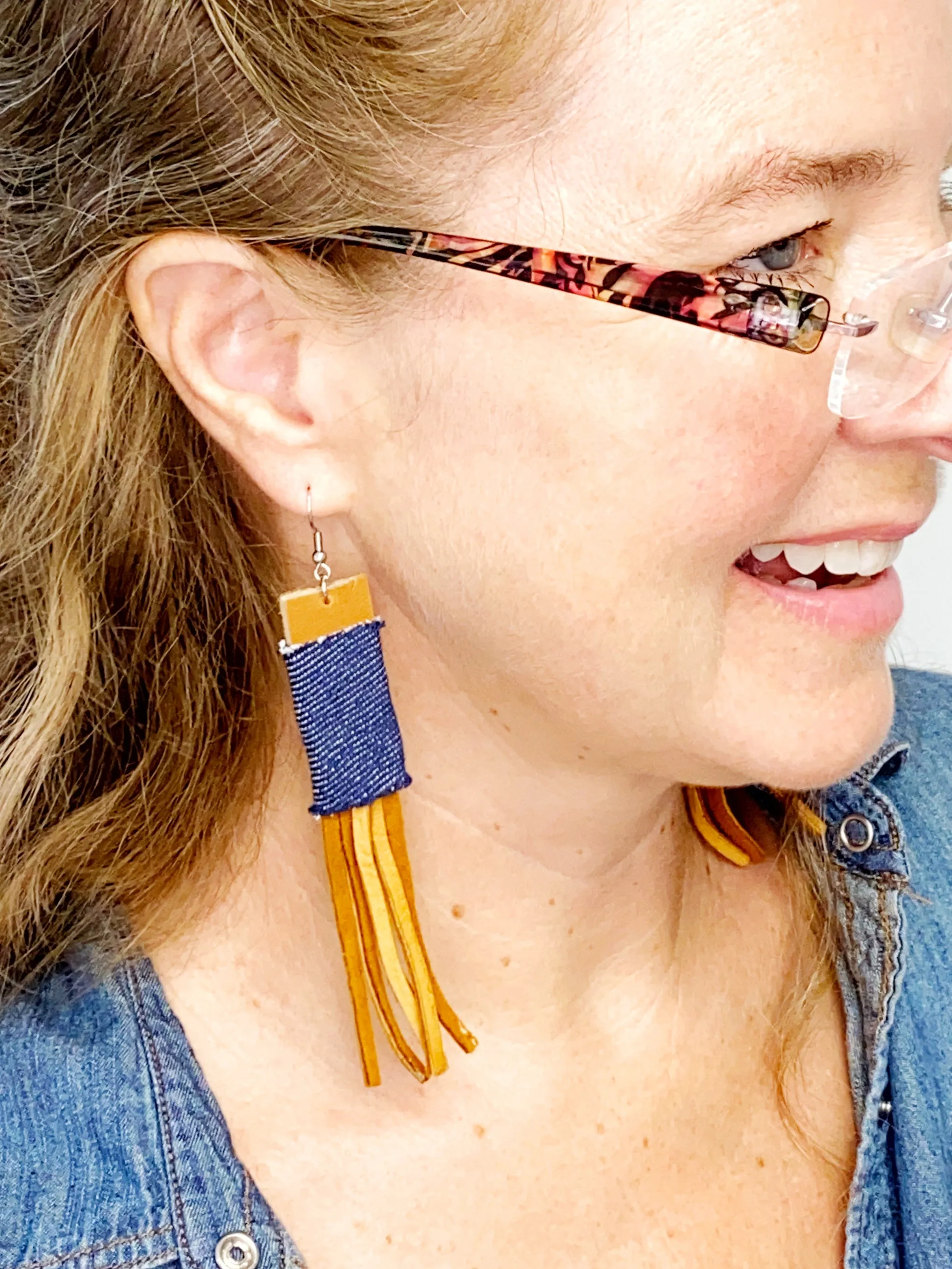 NEW! Denim Leather Earrings with Lace Fringe, Upcycled Earrings for Women, Minimalist Accessories