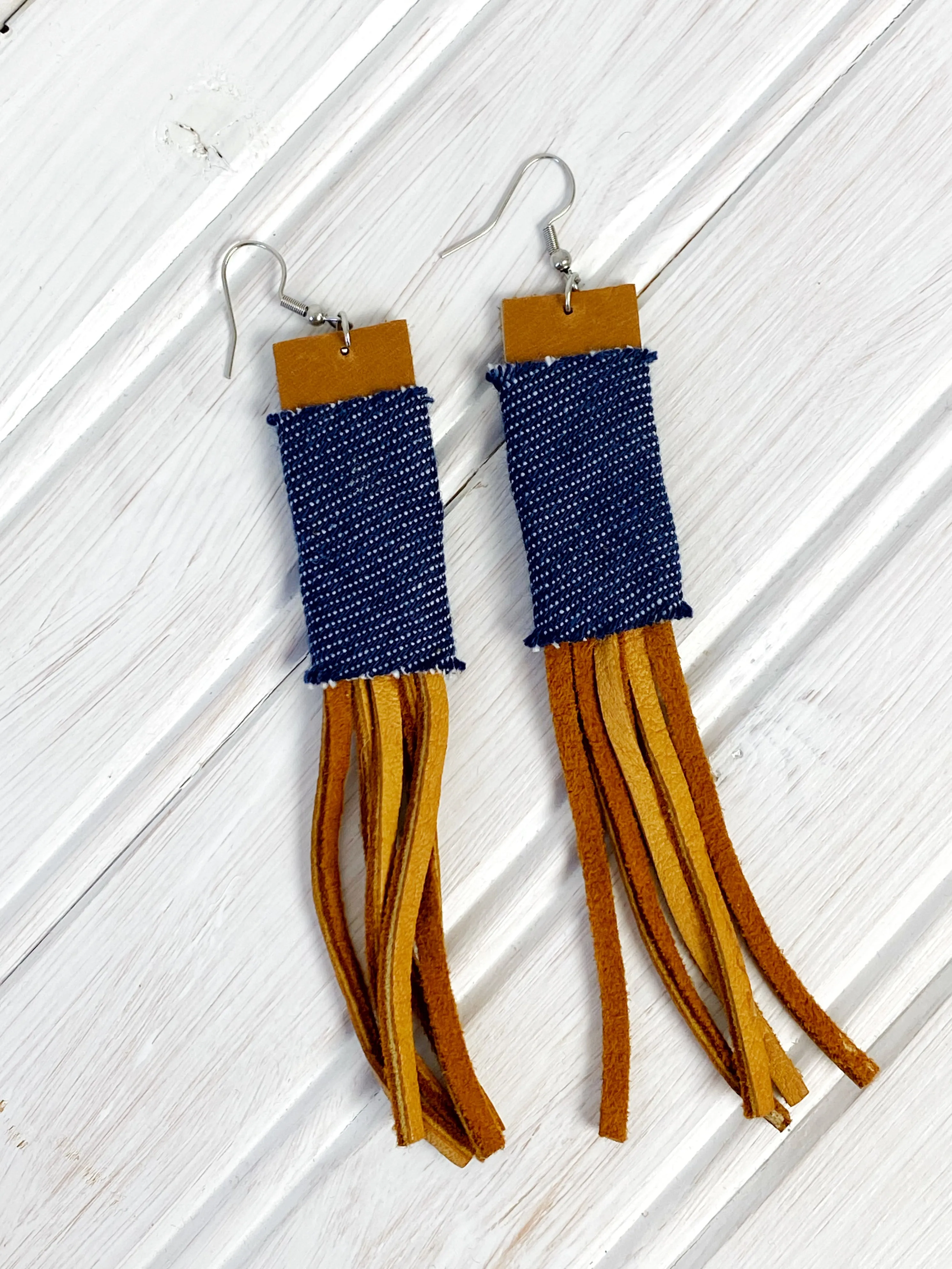 NEW! Denim Leather Earrings with Lace Fringe, Upcycled Earrings for Women, Minimalist Accessories