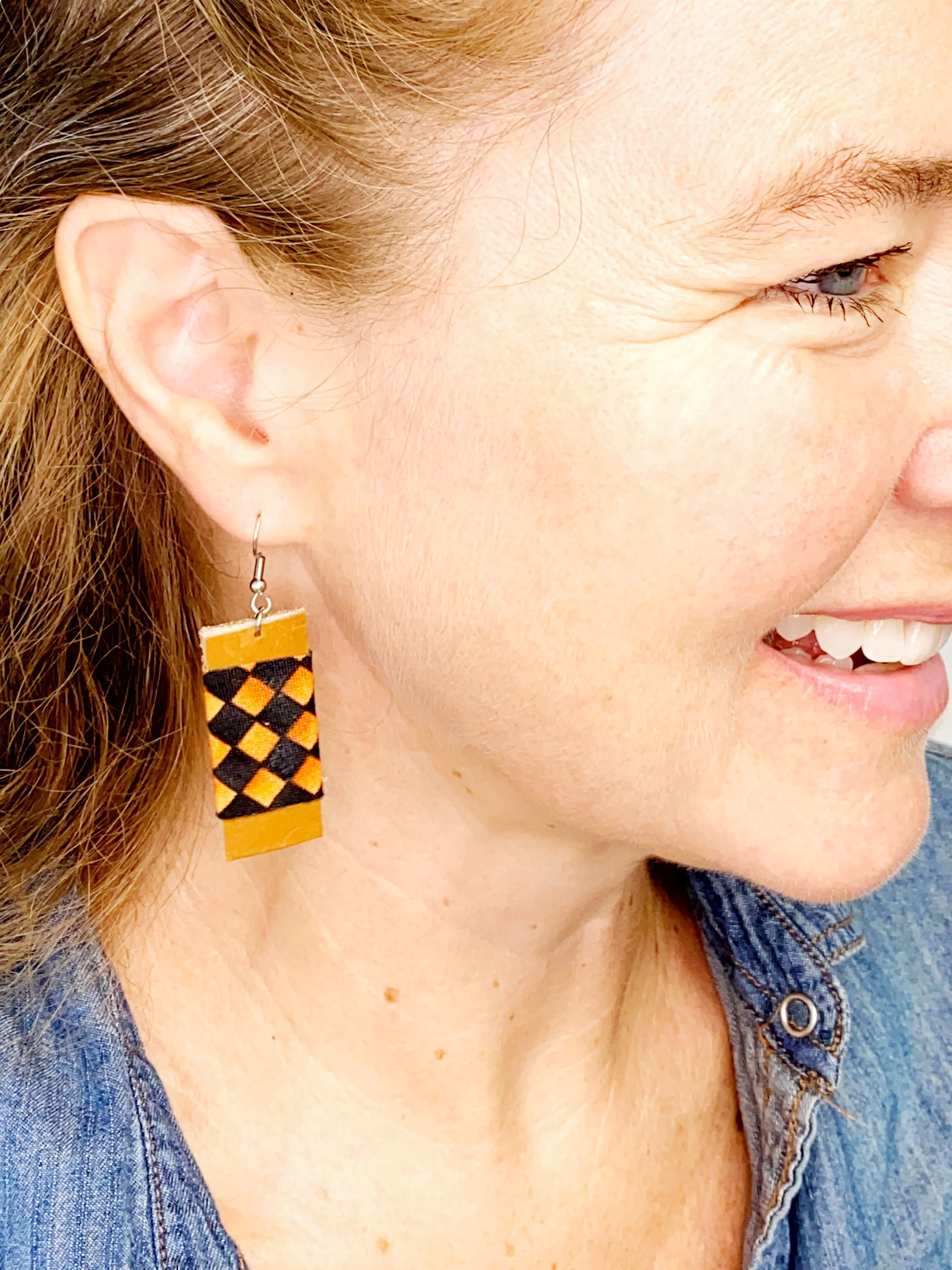 NEW! Halloween Leather Black and Orange Earrings, Upcycled Earrings for Women, Minimalist Accessories