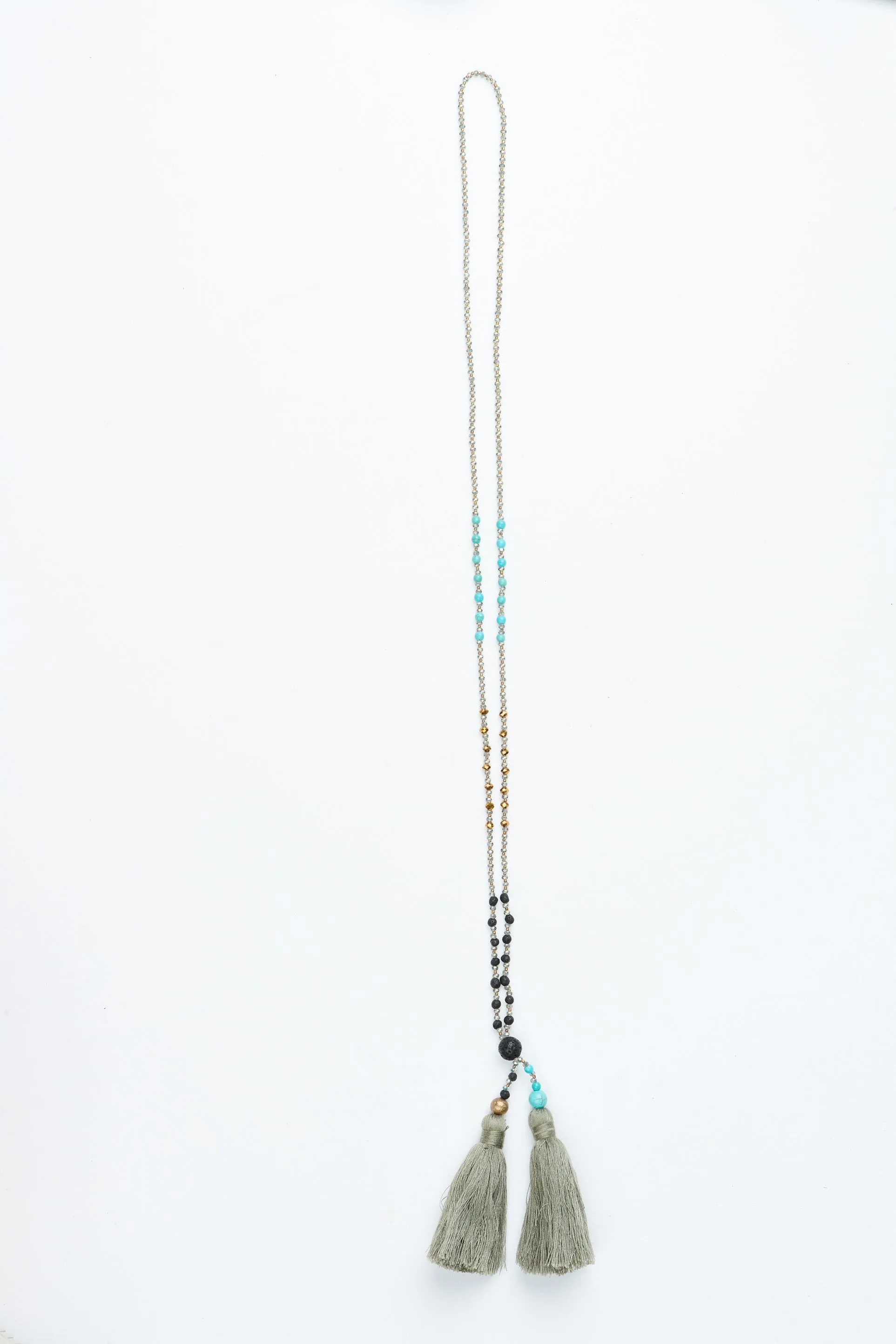 Olive Multi Beaded Double Tassel Necklace