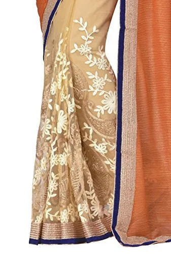 Oomph! Women's Net Sarees Party Wear/Fancy Net Sarees/Embroidered Net Sarees - Yam Orange