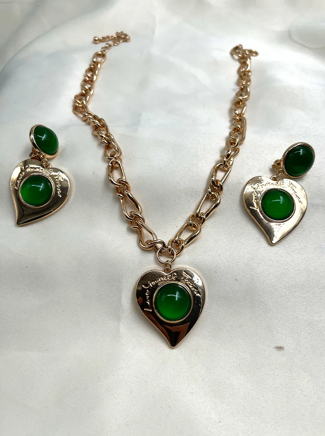 Ornaio 18K Gold Plated Chunky Green Heart Shaped Pendant with Earrings & Necklace