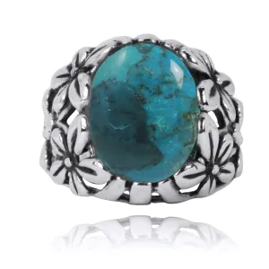 Oxidized Silver Floral Ring with Compressed Turquoise