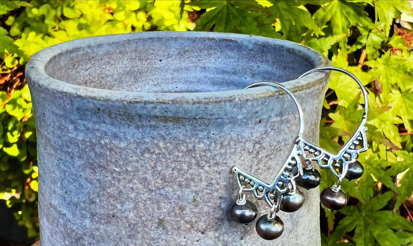 Peacock Pearl and Sterling Silver Ornate Hoop Earrings