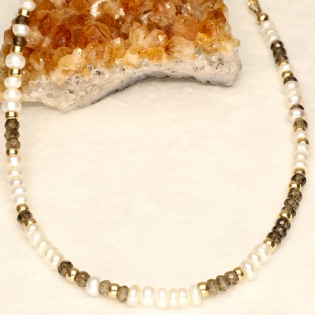 Pearl and Smokey Topaz  Long Gold Filled Necklace