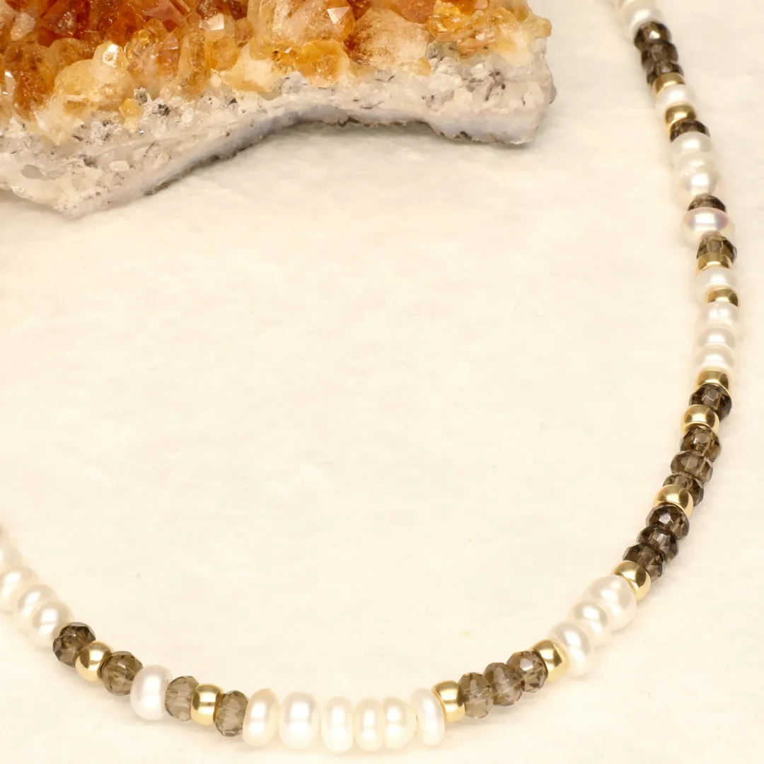 Pearl and Smokey Topaz  Long Gold Filled Necklace