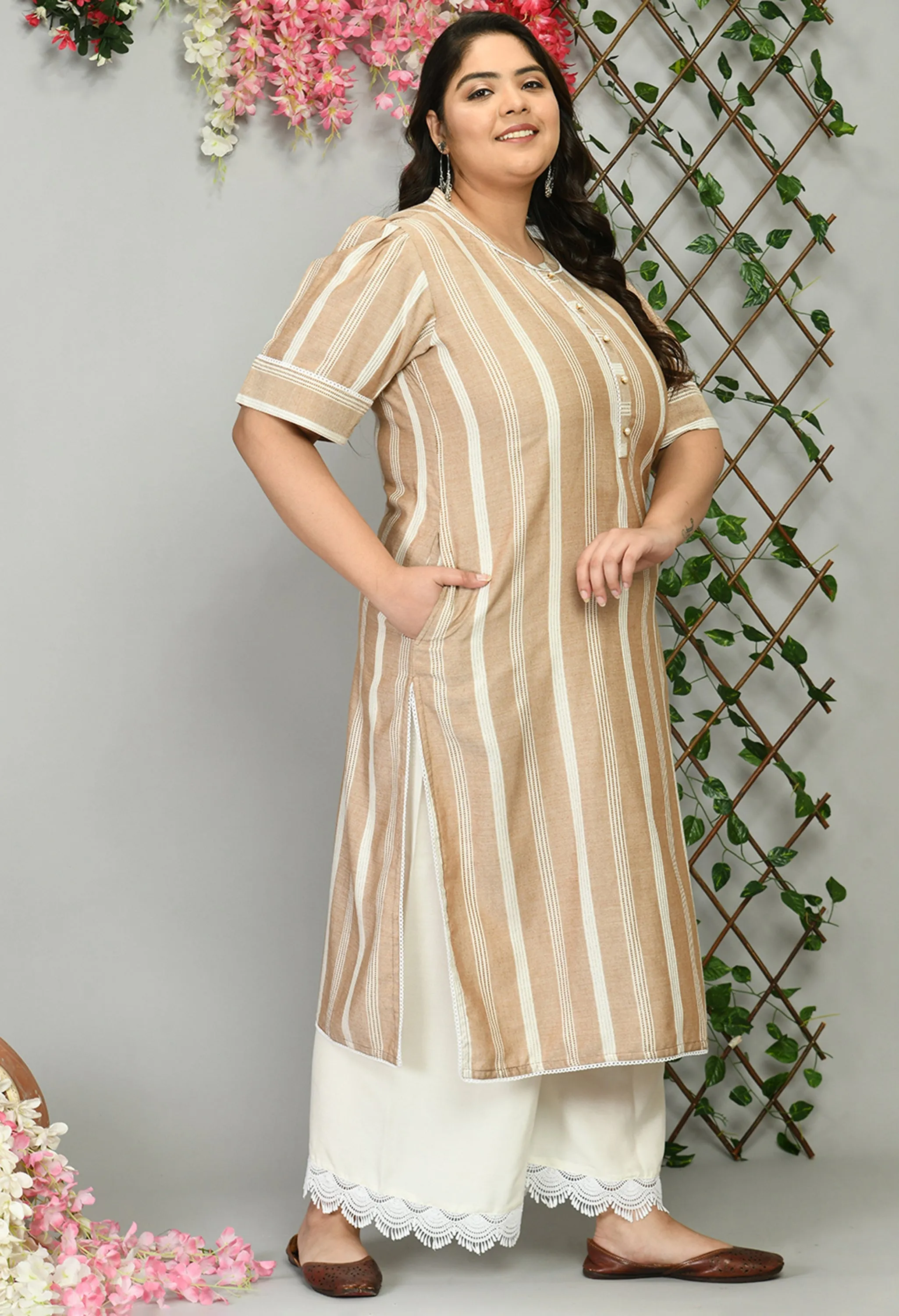 Plus Size Plus Size Striped Beige Kurta