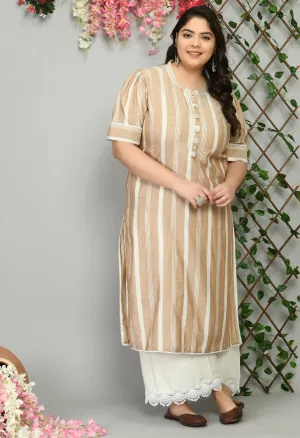 Plus Size Plus Size Striped Beige Kurta