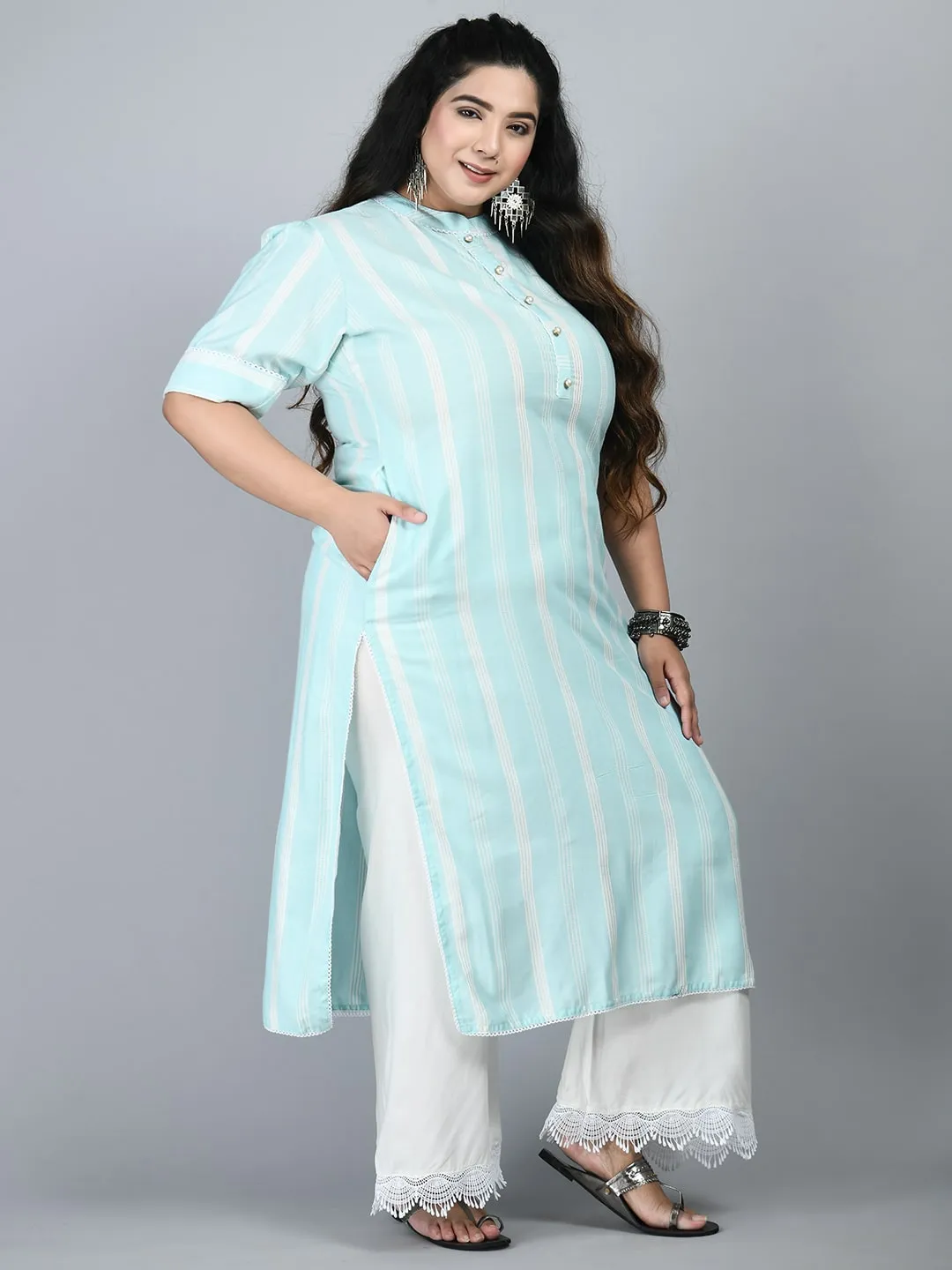 Plus Size Plus Size Striped Sea Green Kurta