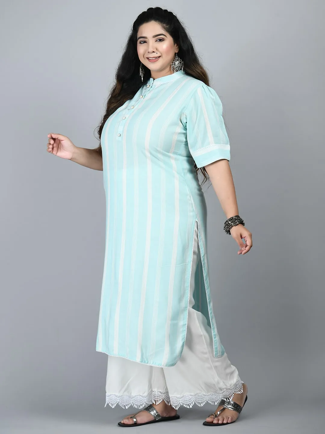 Plus Size Plus Size Striped Sea Green Kurta