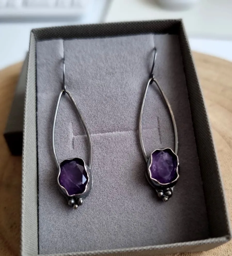 Purple Stone Drop Earrings - Amethyst Gemstone Dangle Earrings