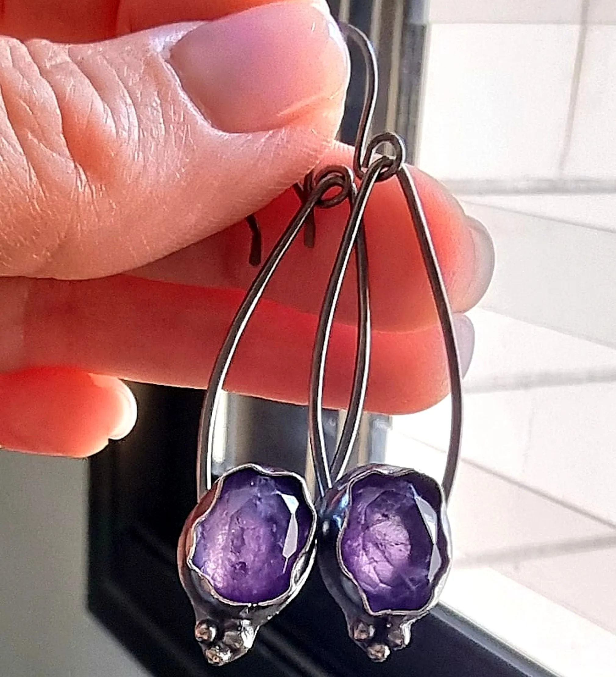 Purple Stone Drop Earrings - Amethyst Gemstone Dangle Earrings