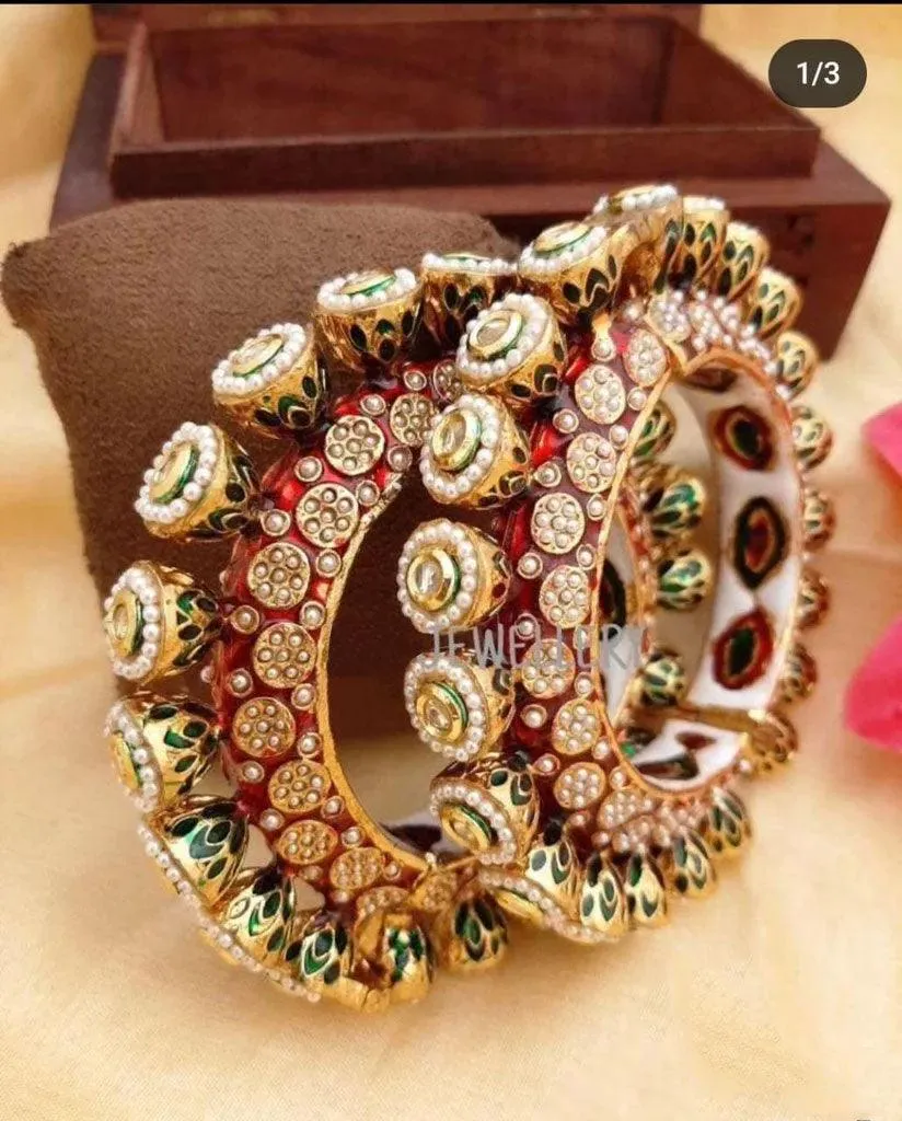 Rajwadi Judau Kundan Kada Set, Rajwadi kada, Pachali bangles , Meenakari Kada, Indian Wedding jewelry, Kundan bridal bangles Set, Set of 2