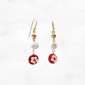 Red Coral Plum Blossom Earrings Gold