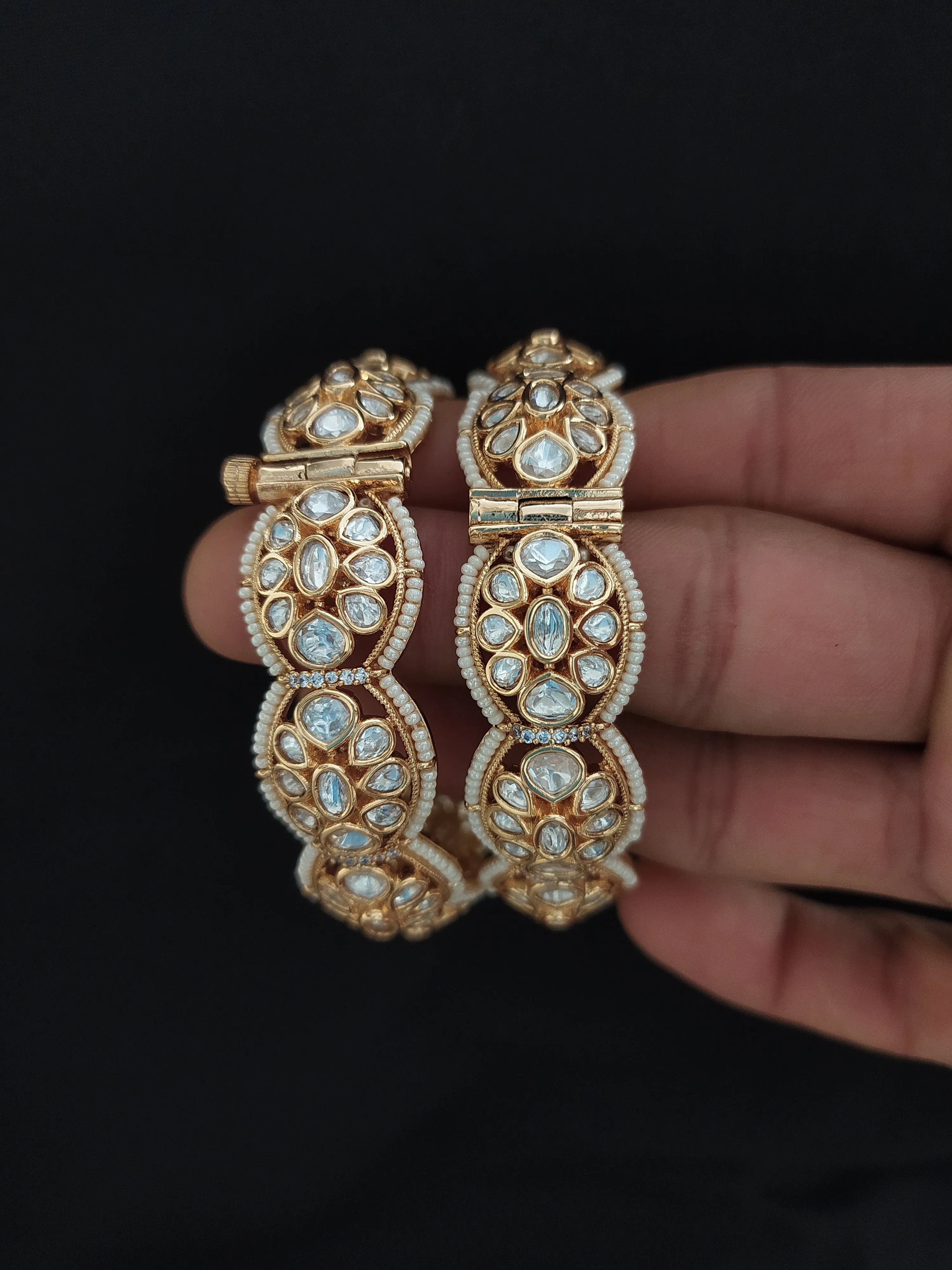 Regal Radiance Gold Plated Moissanite Stones Screw Kundan Bangles