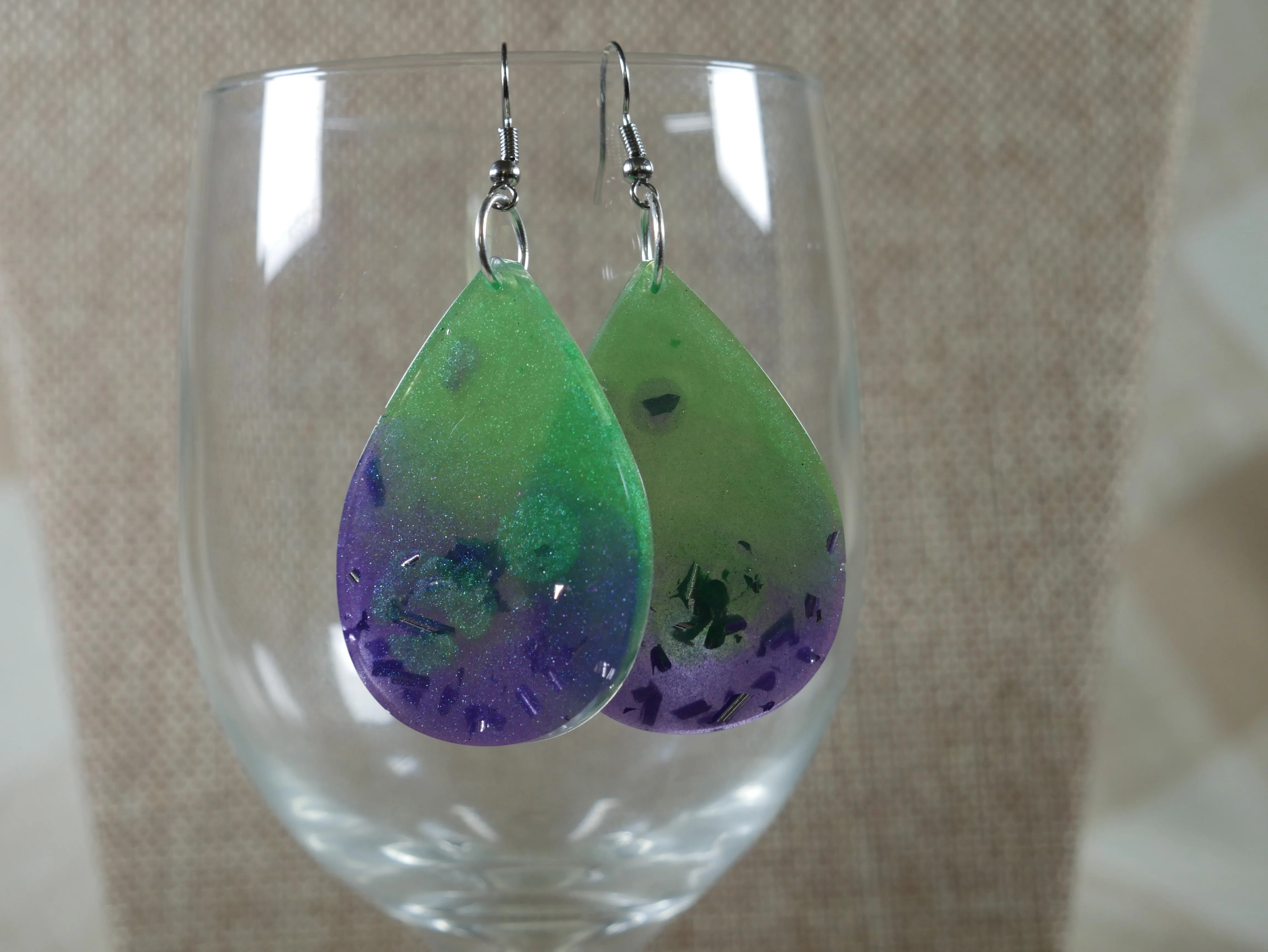 Resin Green and Purple Tear Drop Shaped Earrings