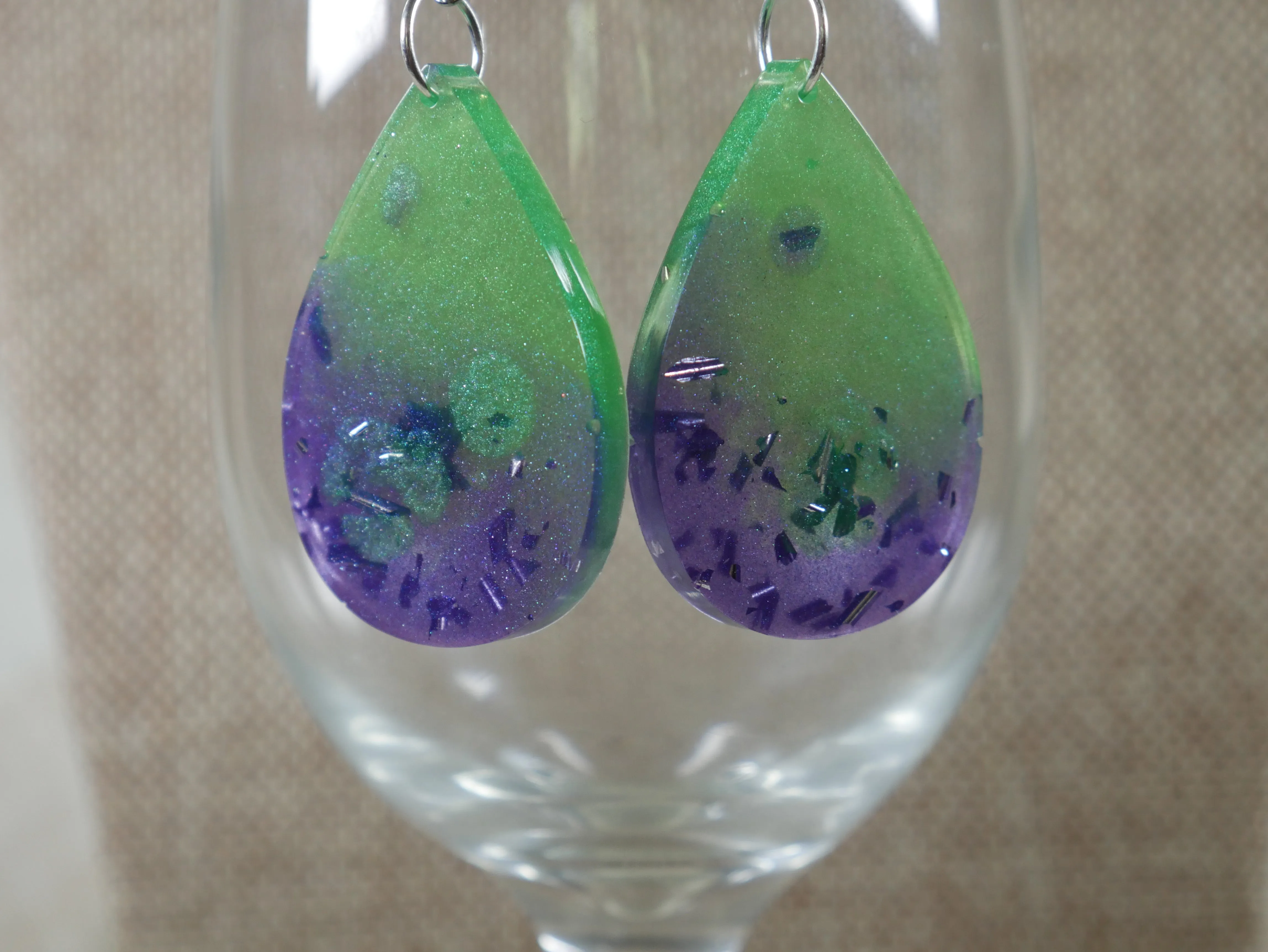 Resin Green and Purple Tear Drop Shaped Earrings