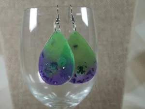 Resin Green and Purple Tear Drop Shaped Earrings