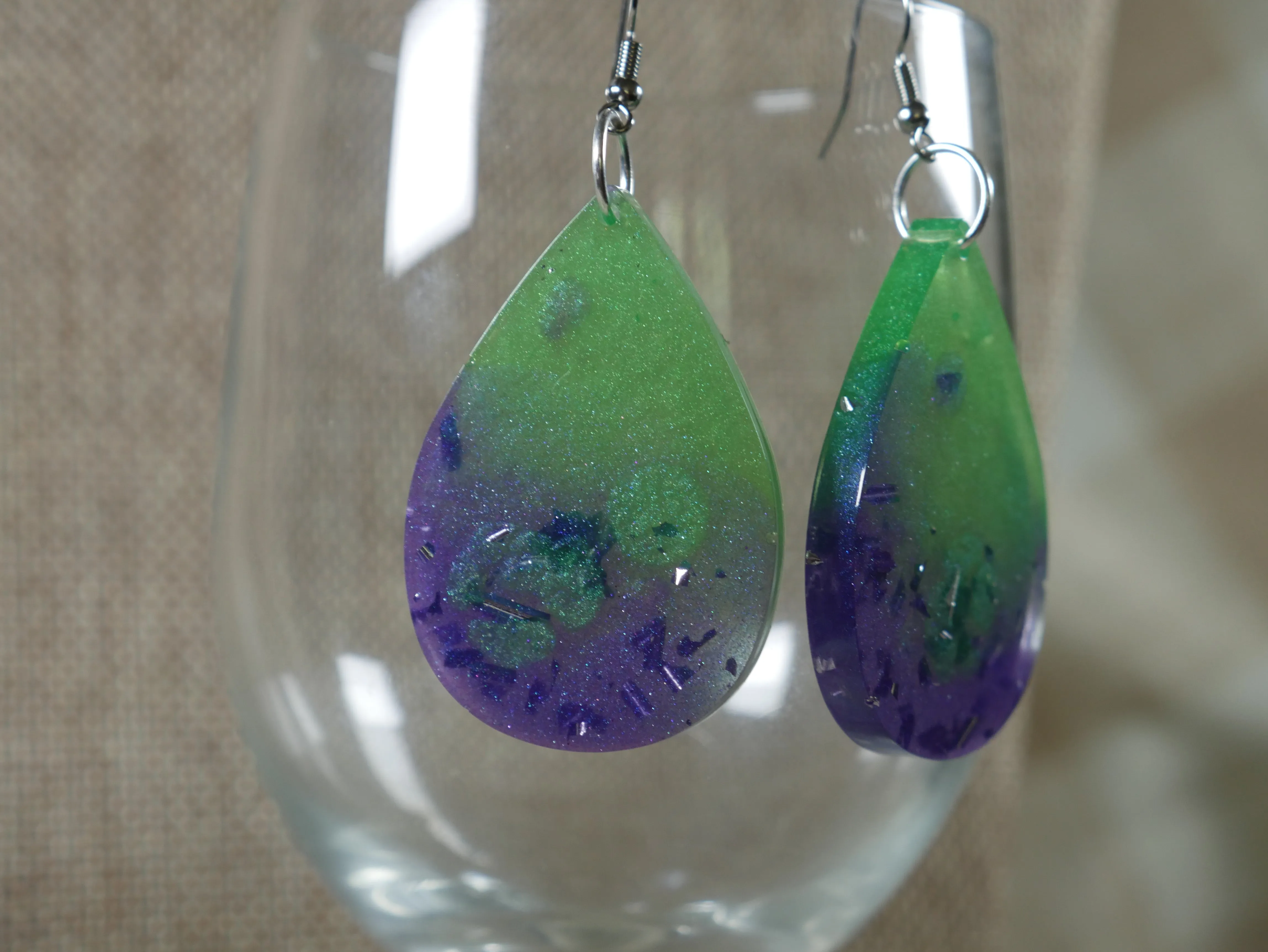 Resin Green and Purple Tear Drop Shaped Earrings