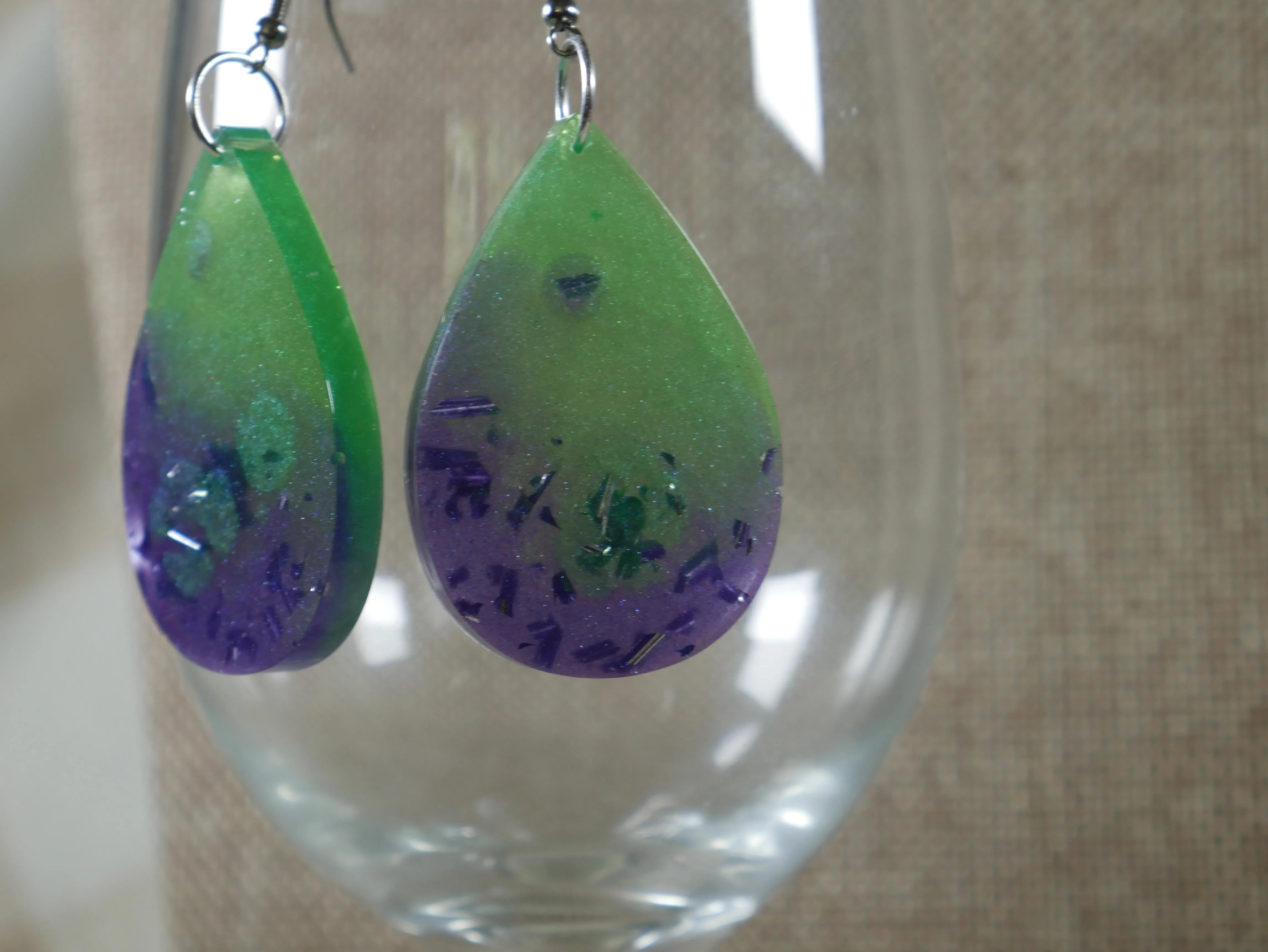 Resin Green and Purple Tear Drop Shaped Earrings