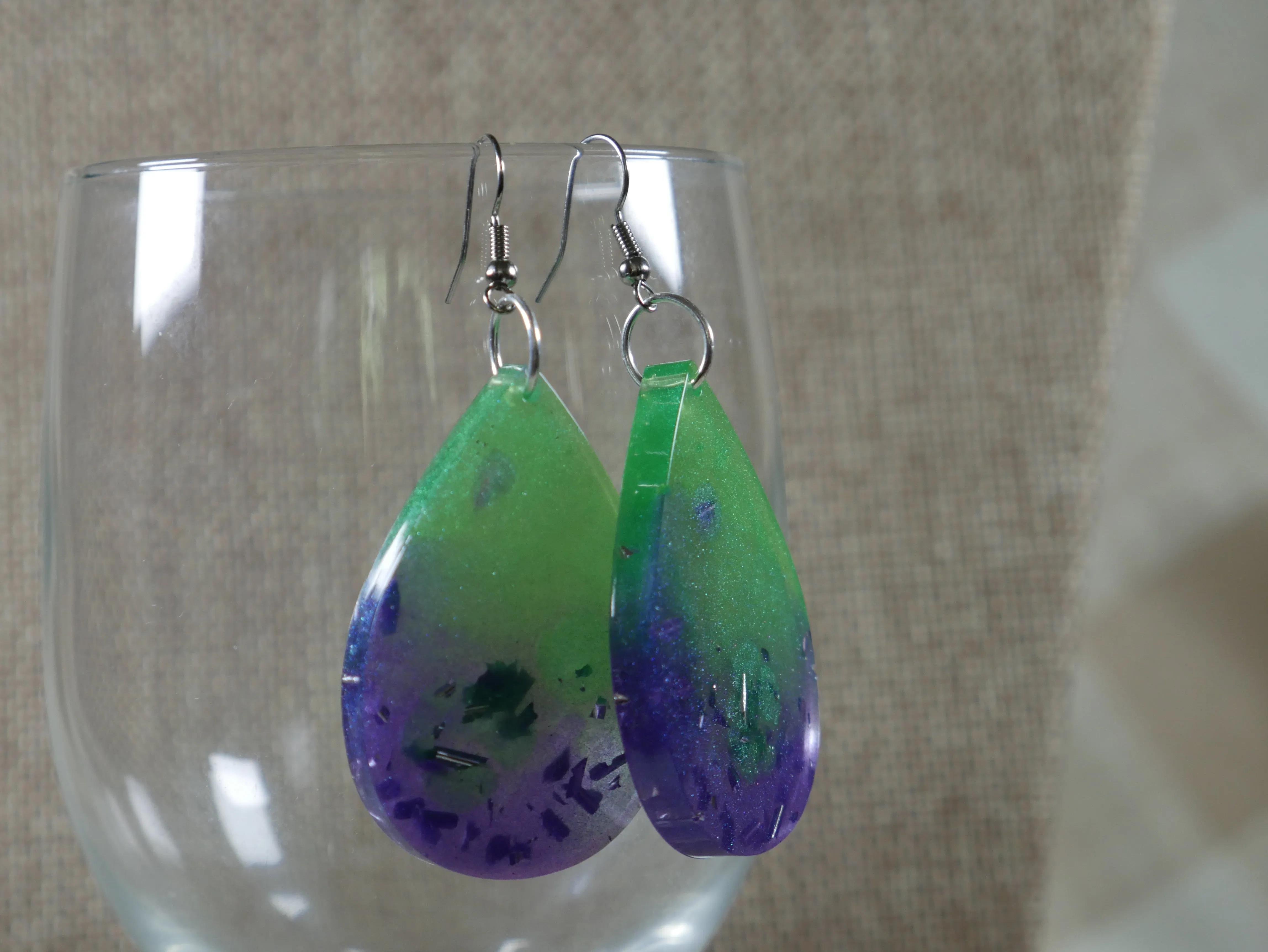 Resin Green and Purple Tear Drop Shaped Earrings