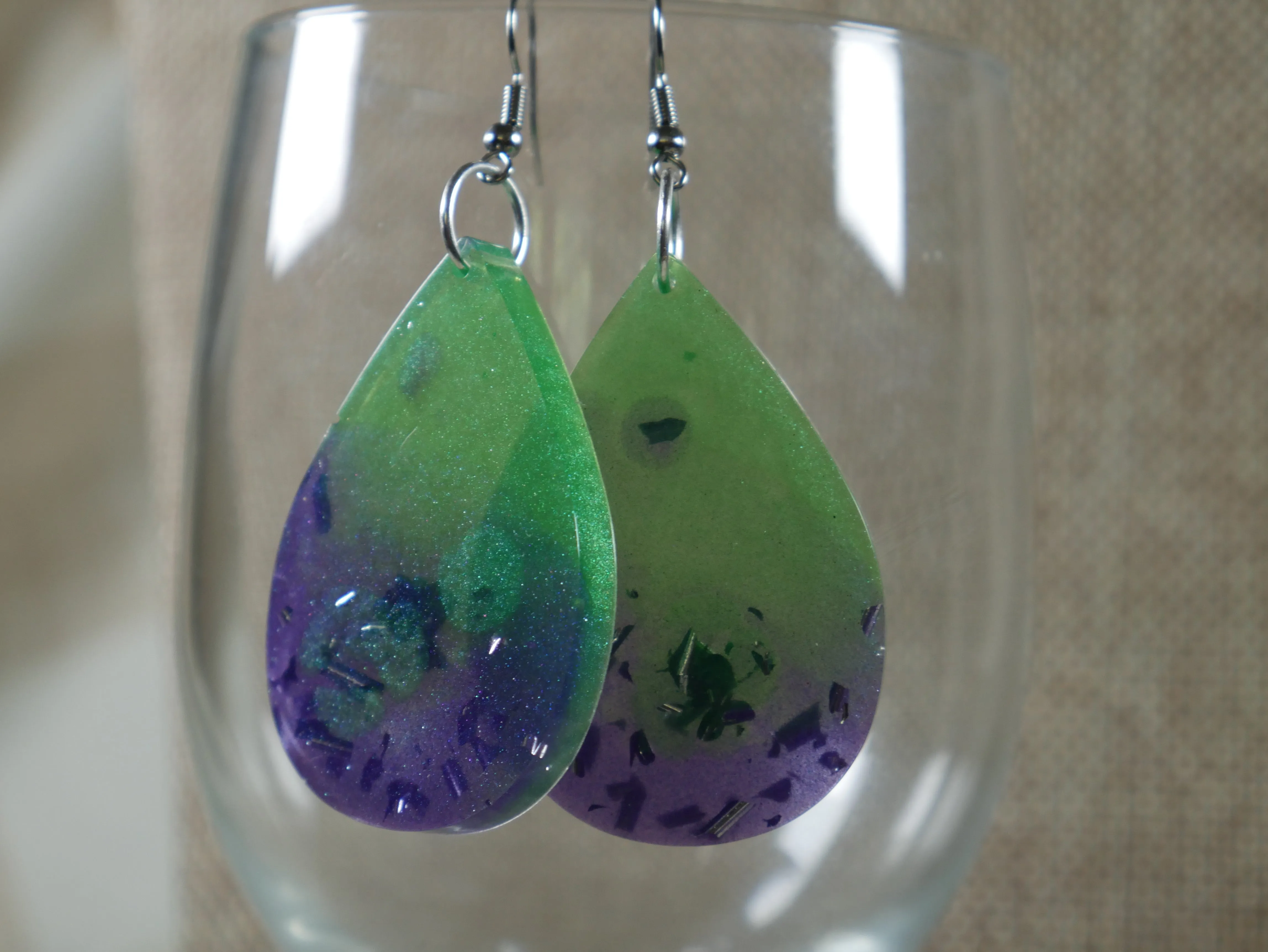 Resin Green and Purple Tear Drop Shaped Earrings