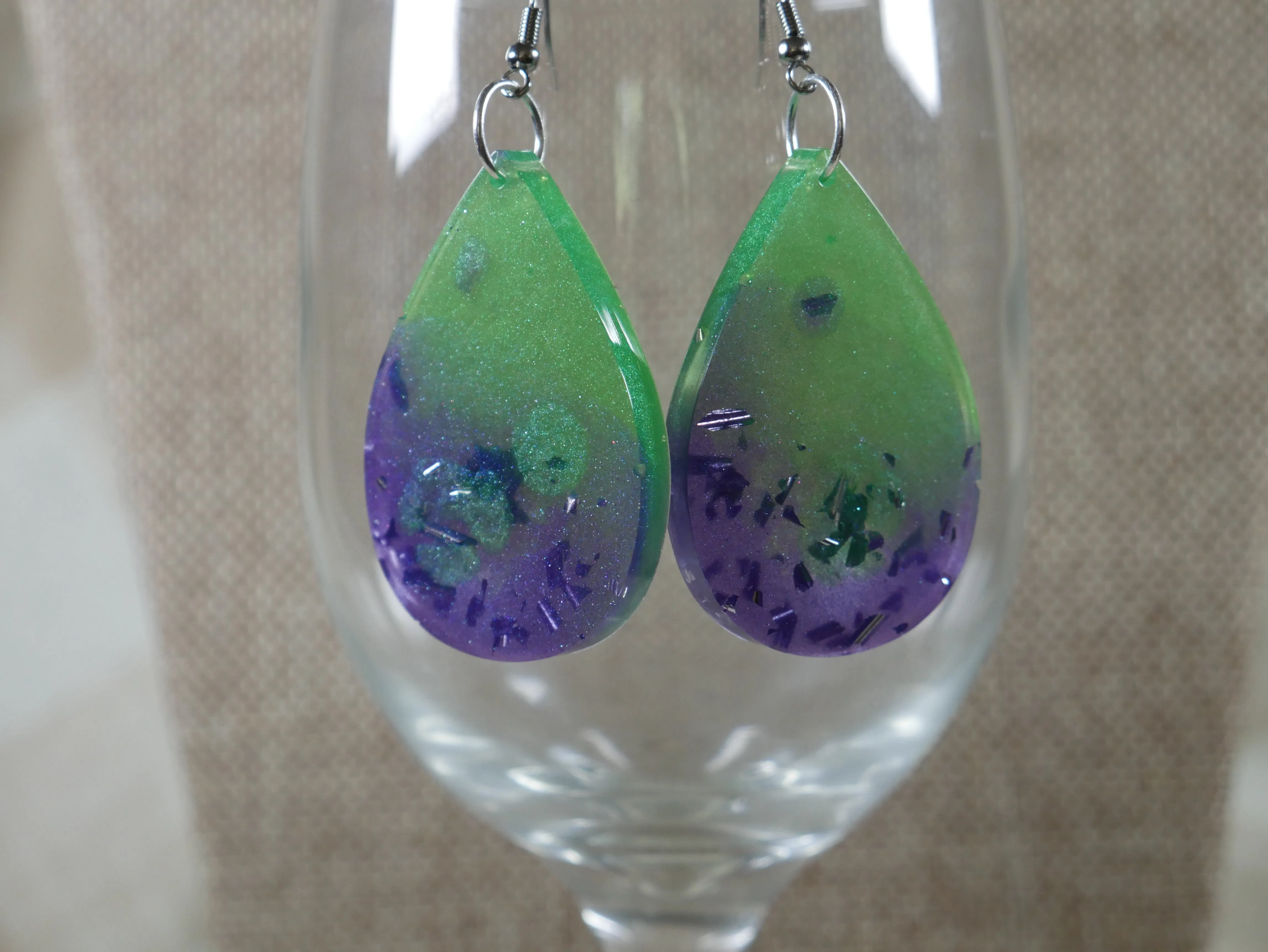 Resin Green and Purple Tear Drop Shaped Earrings