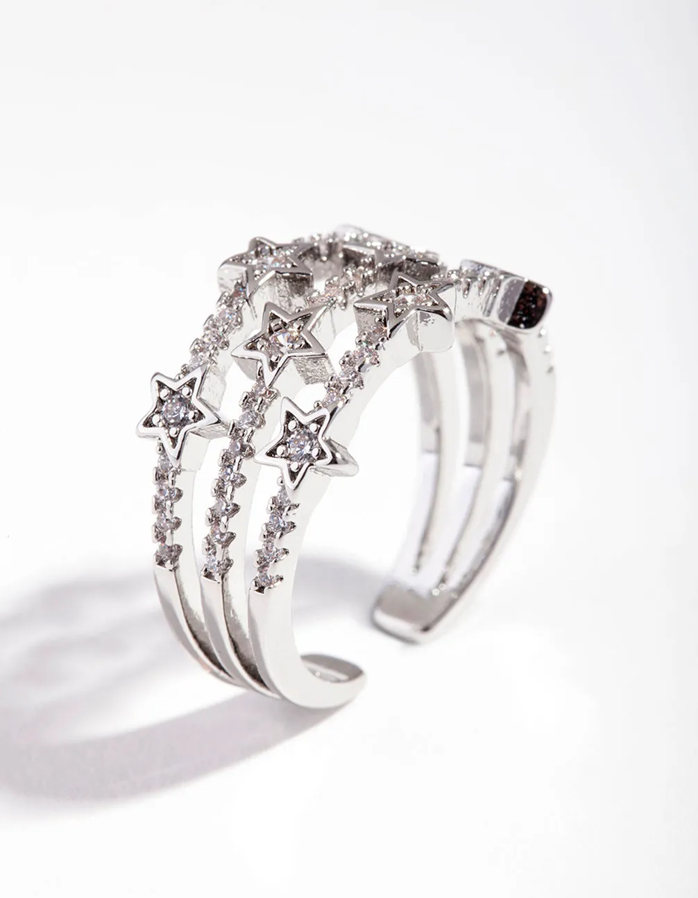 Rhodium Cubic Zirconia Triple Star Band Ring