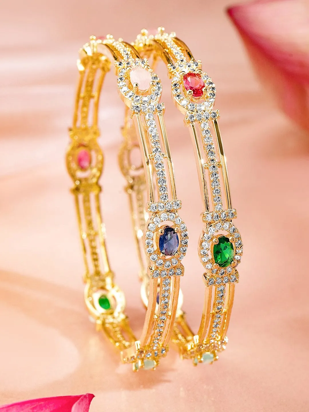 Rubans Set Of 2 22K Gold-Plated Gemstone & Cubic Zirconia-Studded Bangles