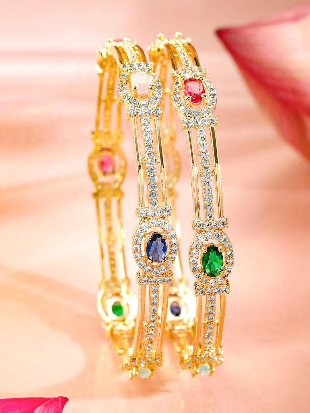 Rubans Set Of 2 22K Gold-Plated Gemstone & Cubic Zirconia-Studded Bangles