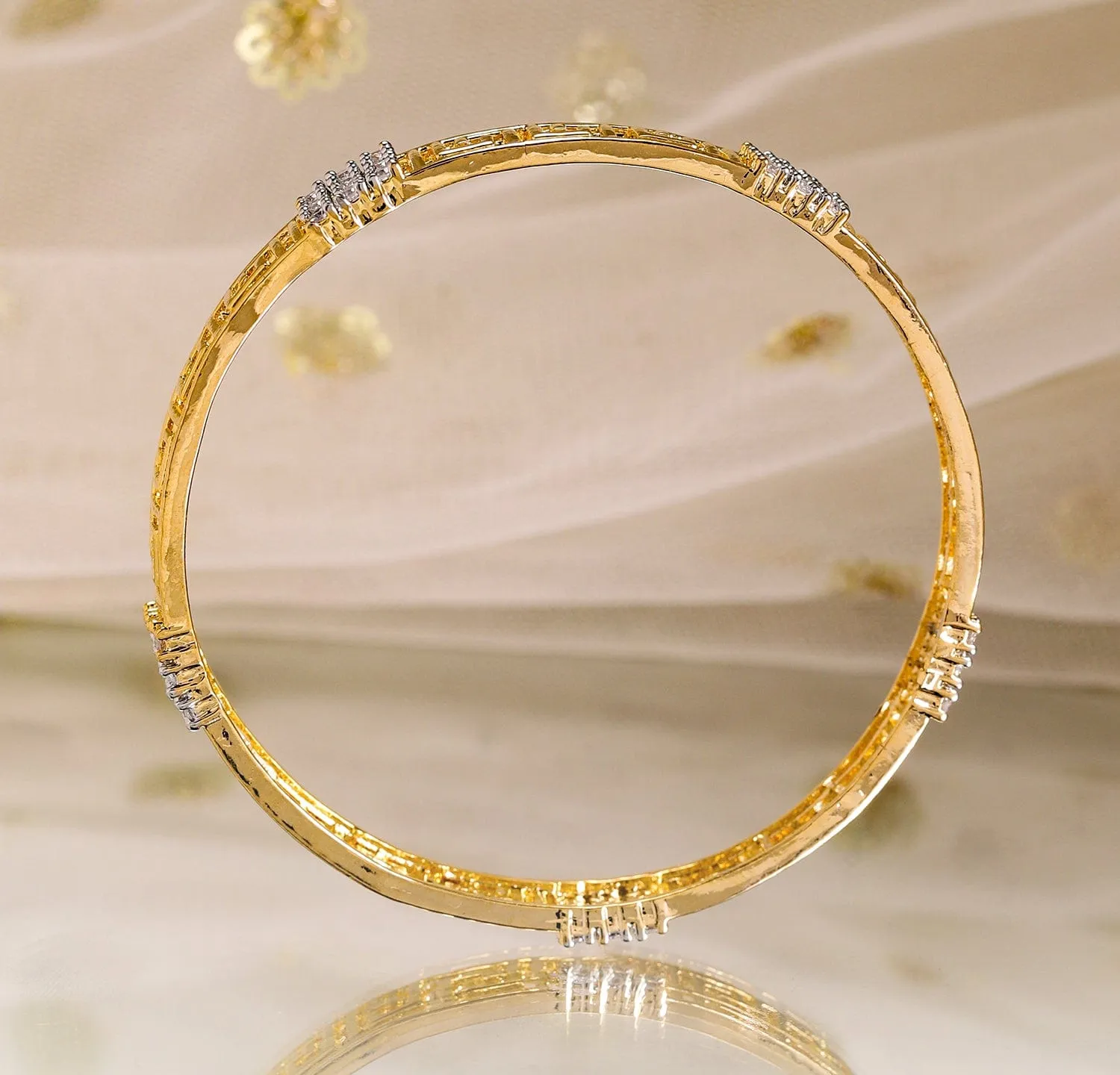 Rubans Set of 2, 22K Gold-Plated Greek Key Design & Cubic Zirconia Handcrafted Bangles