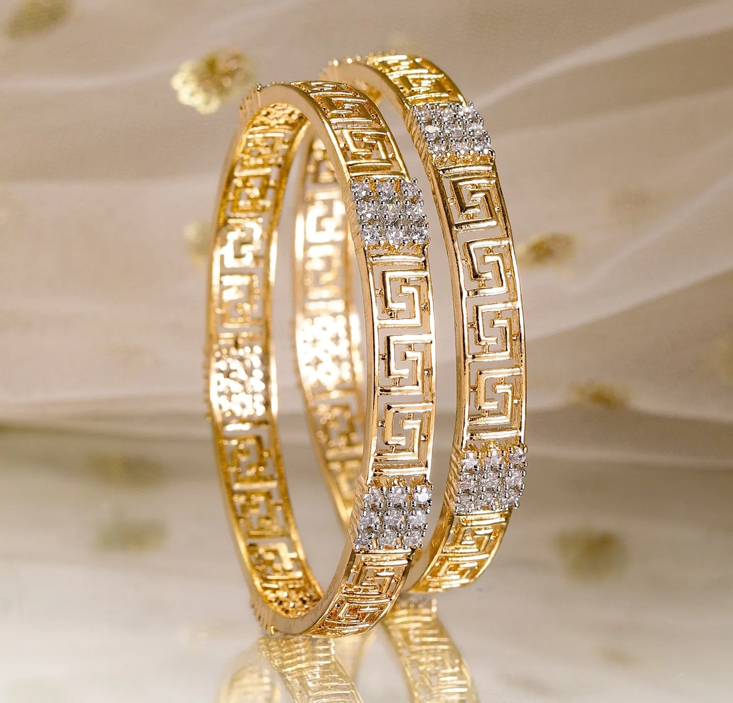 Rubans Set of 2, 22K Gold-Plated Greek Key Design & Cubic Zirconia Handcrafted Bangles