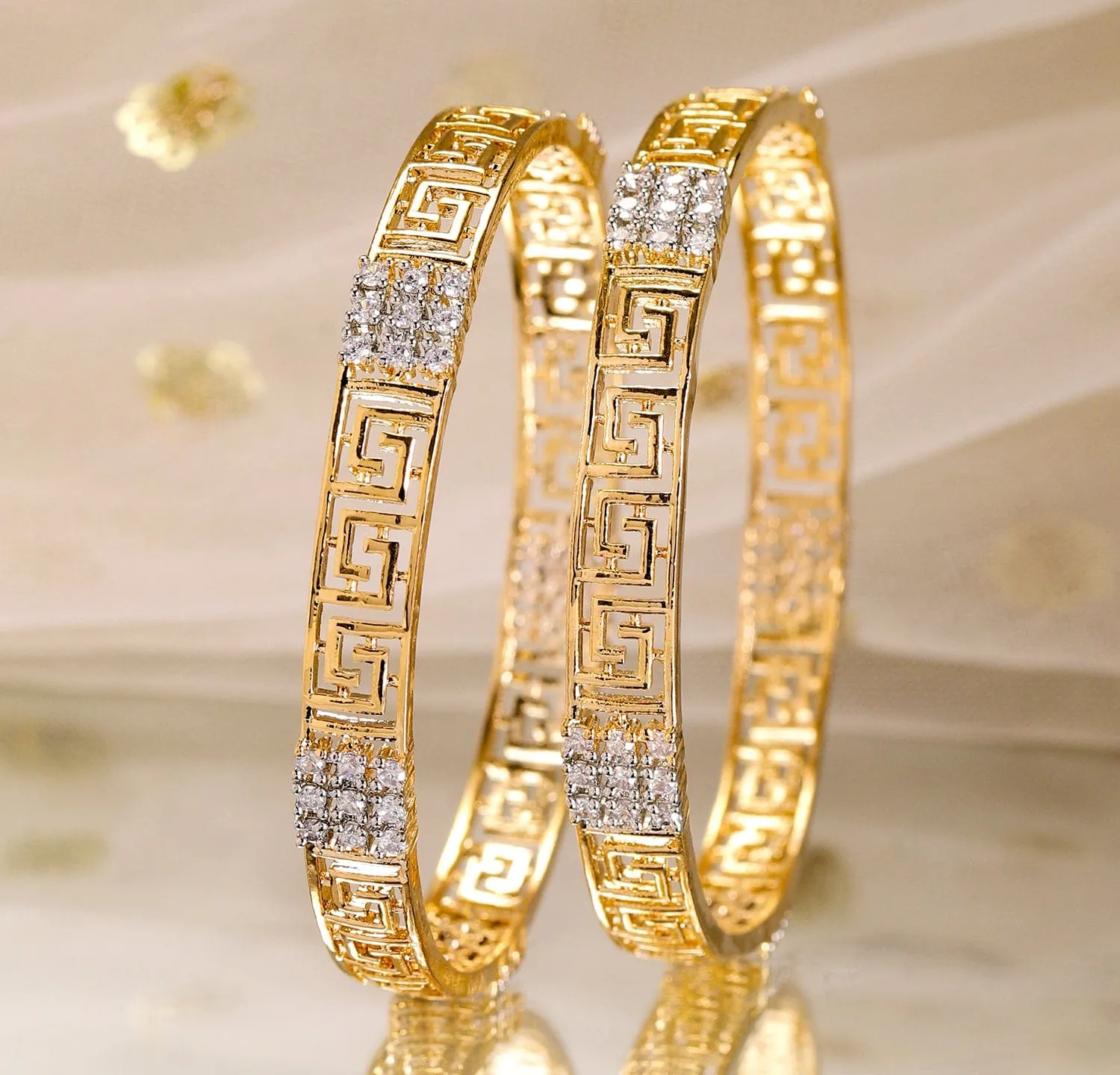 Rubans Set of 2, 22K Gold-Plated Greek Key Design & Cubic Zirconia Handcrafted Bangles