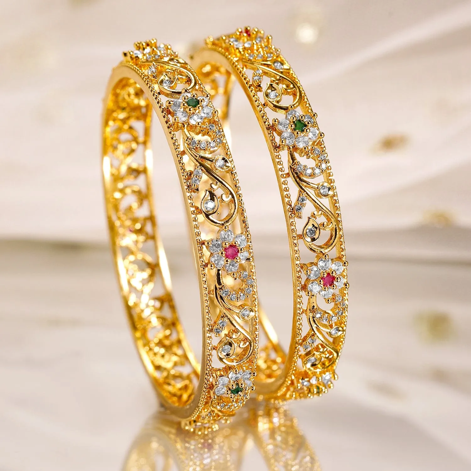 Rubans Set of 2, 22K Gold-Plated Ruby, Emerald & Cubic Zirconia Studded Handcrafted Bangles